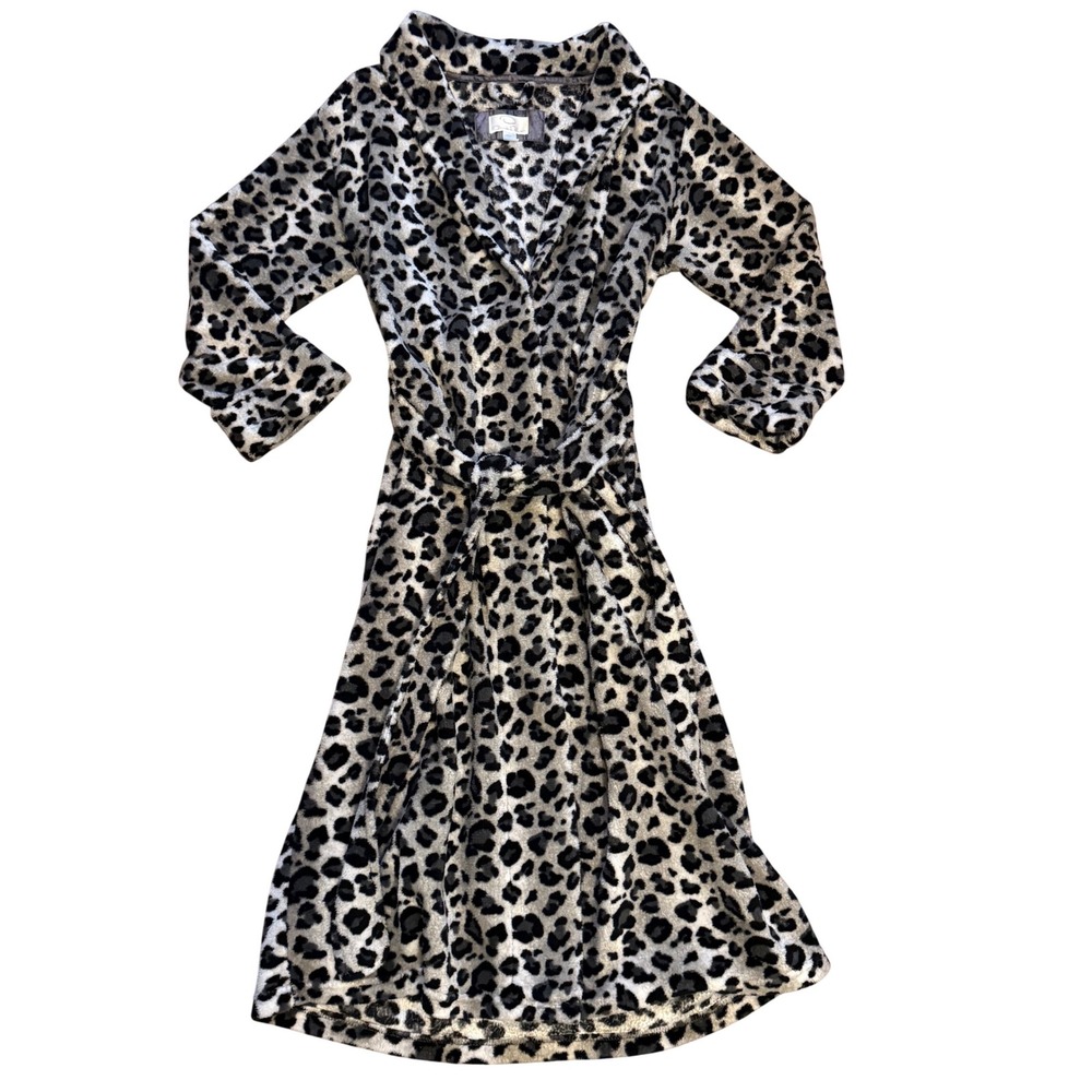 Oscar de la Renta Leopard Print Plush Robe Women's S/M Soft Belted Loungewear
